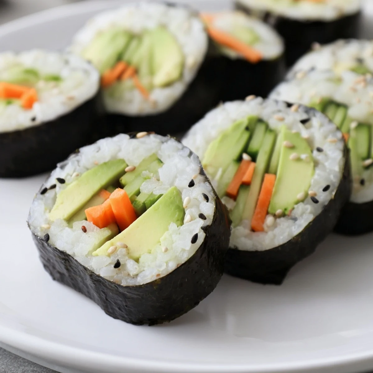 Fresh avocado cucumber sushi rolls, a healthy vegan meal arranged on a plate with dipping sauces.