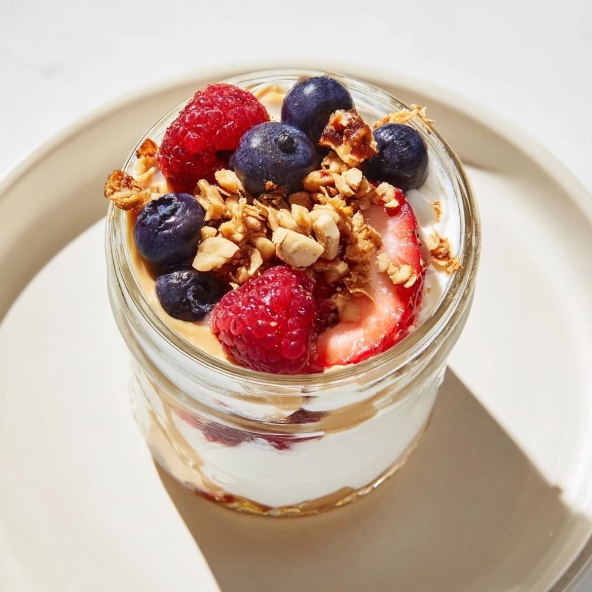 Cashew butter yogurt parfait layered with berries and granola, a creamy and refreshing breakfast.