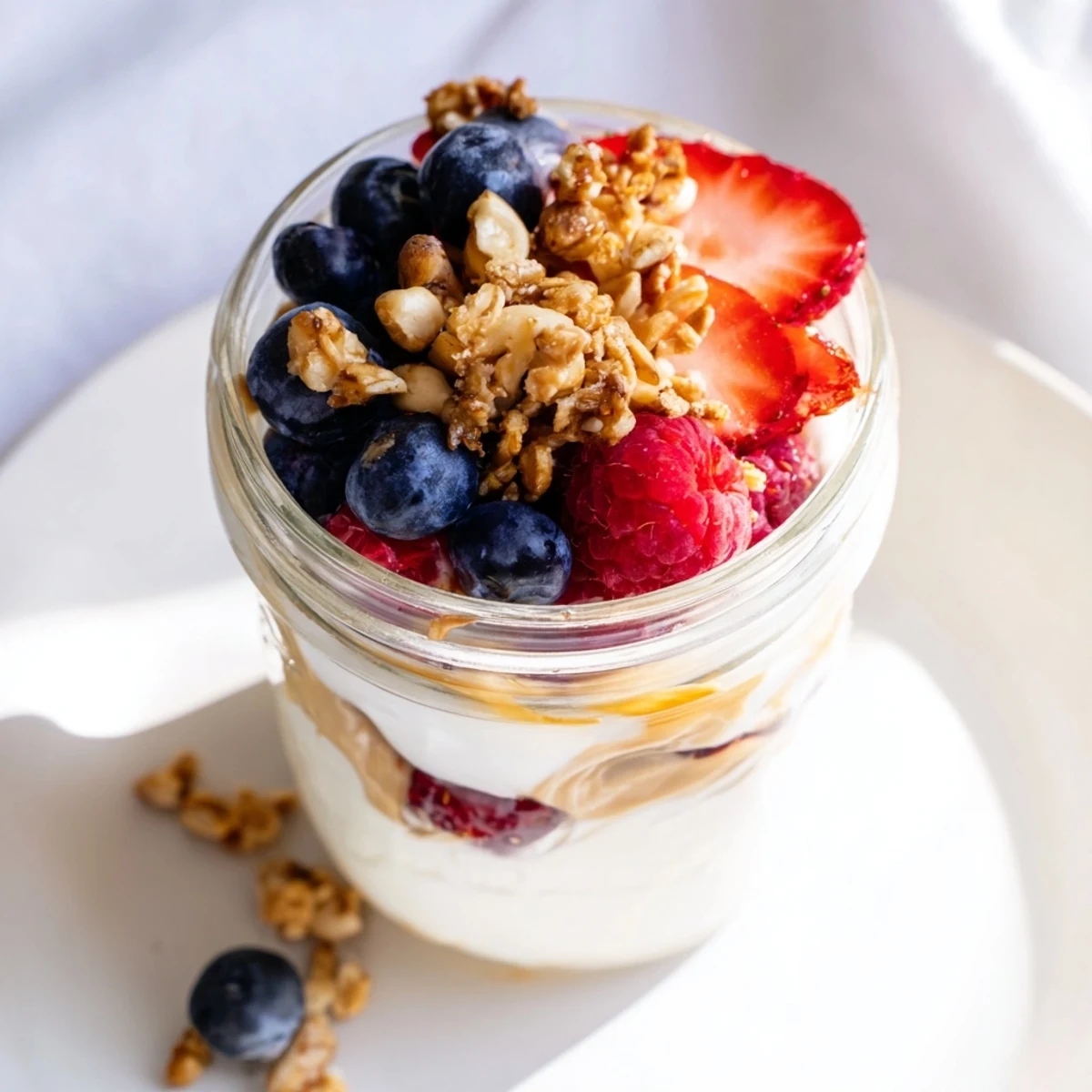 A beautiful, layered Cashew Butter Yogurt Parfait with ripe red berries ready to eat.