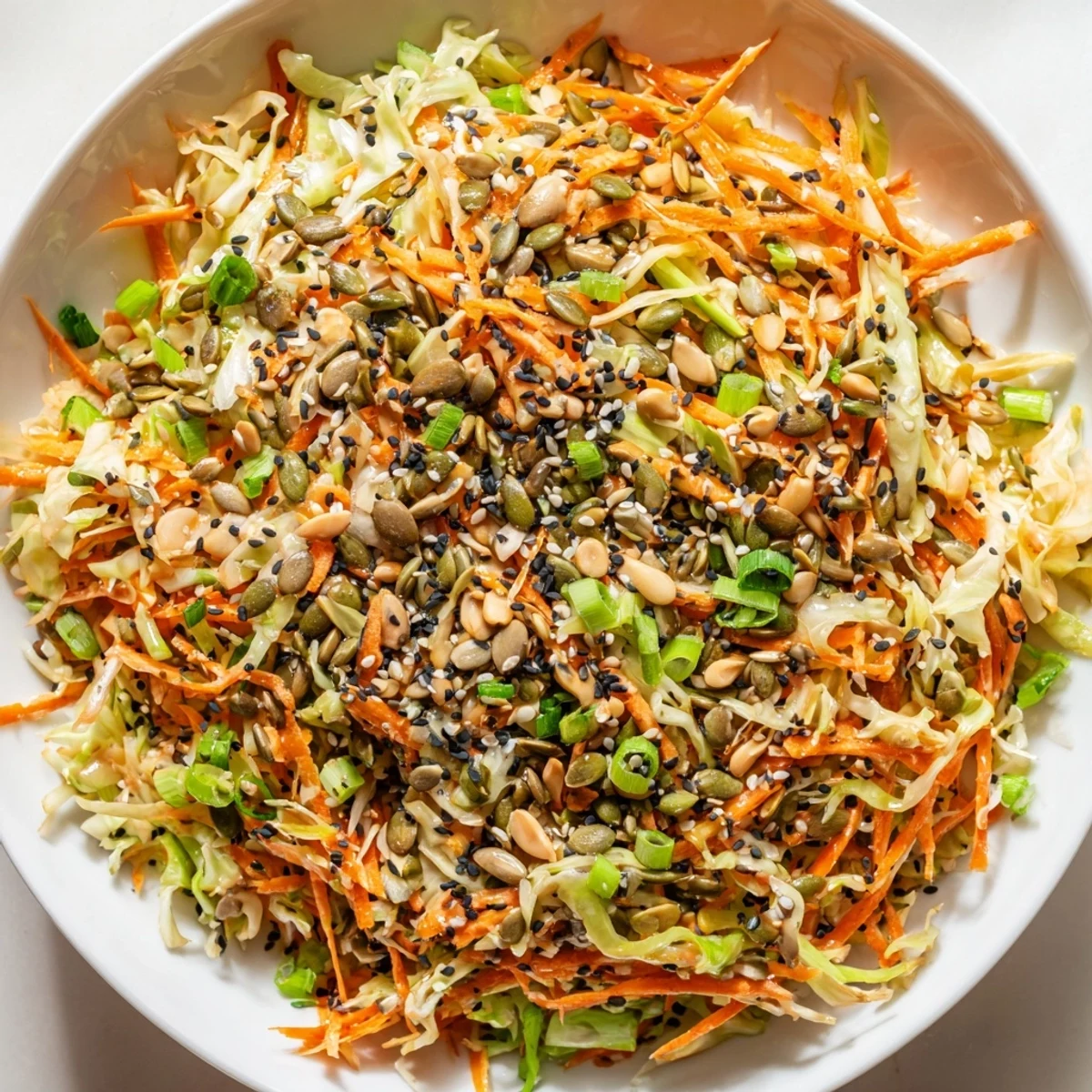 Vibrant Cabbage-Core Slaw Salad, a colorful mix of crunchy vegetables with toasted seeds in a flavorful dressing.