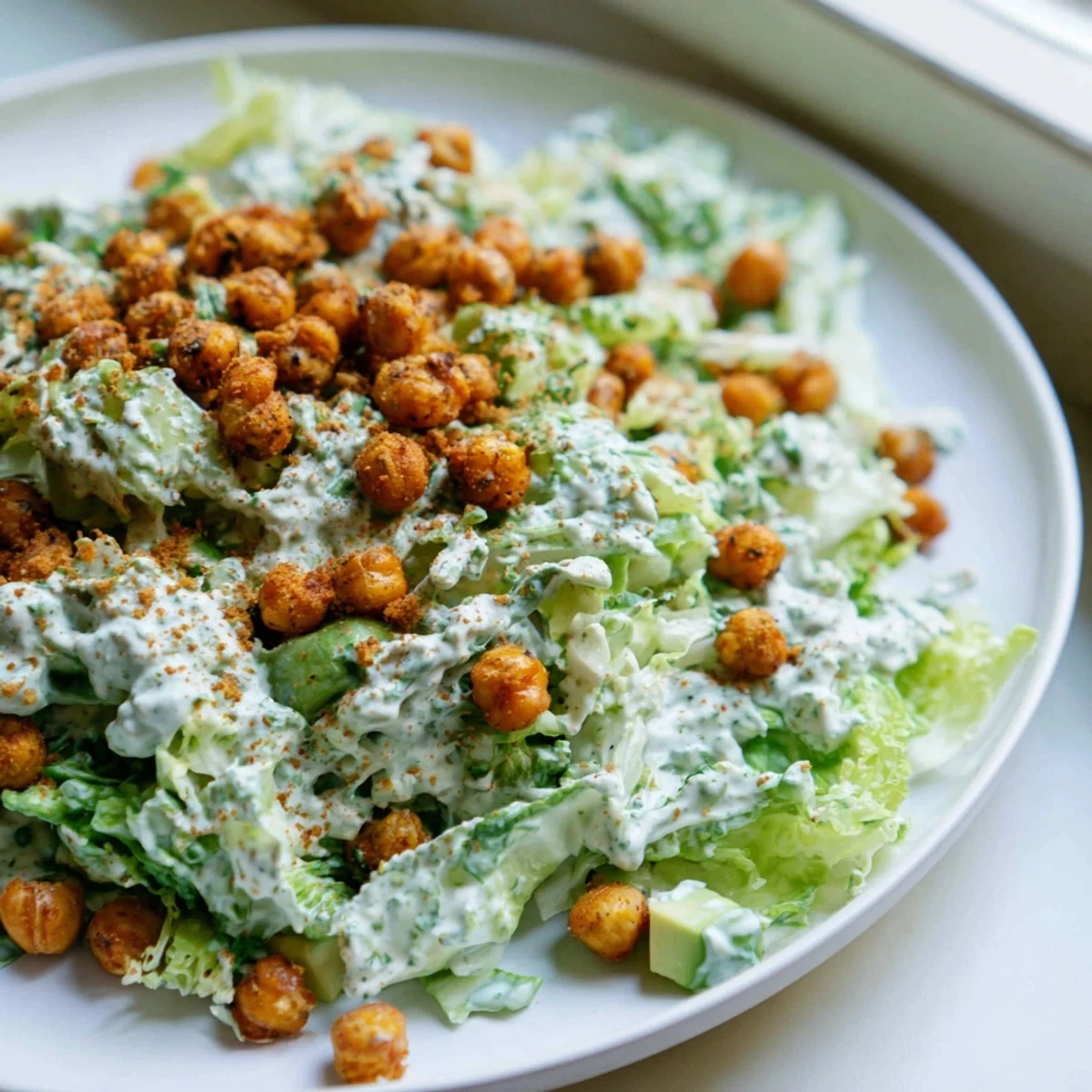 Green Goddess Salad with crispy chickpeas: a colorful bowl with fresh greens and crunchy chickpeas on top.