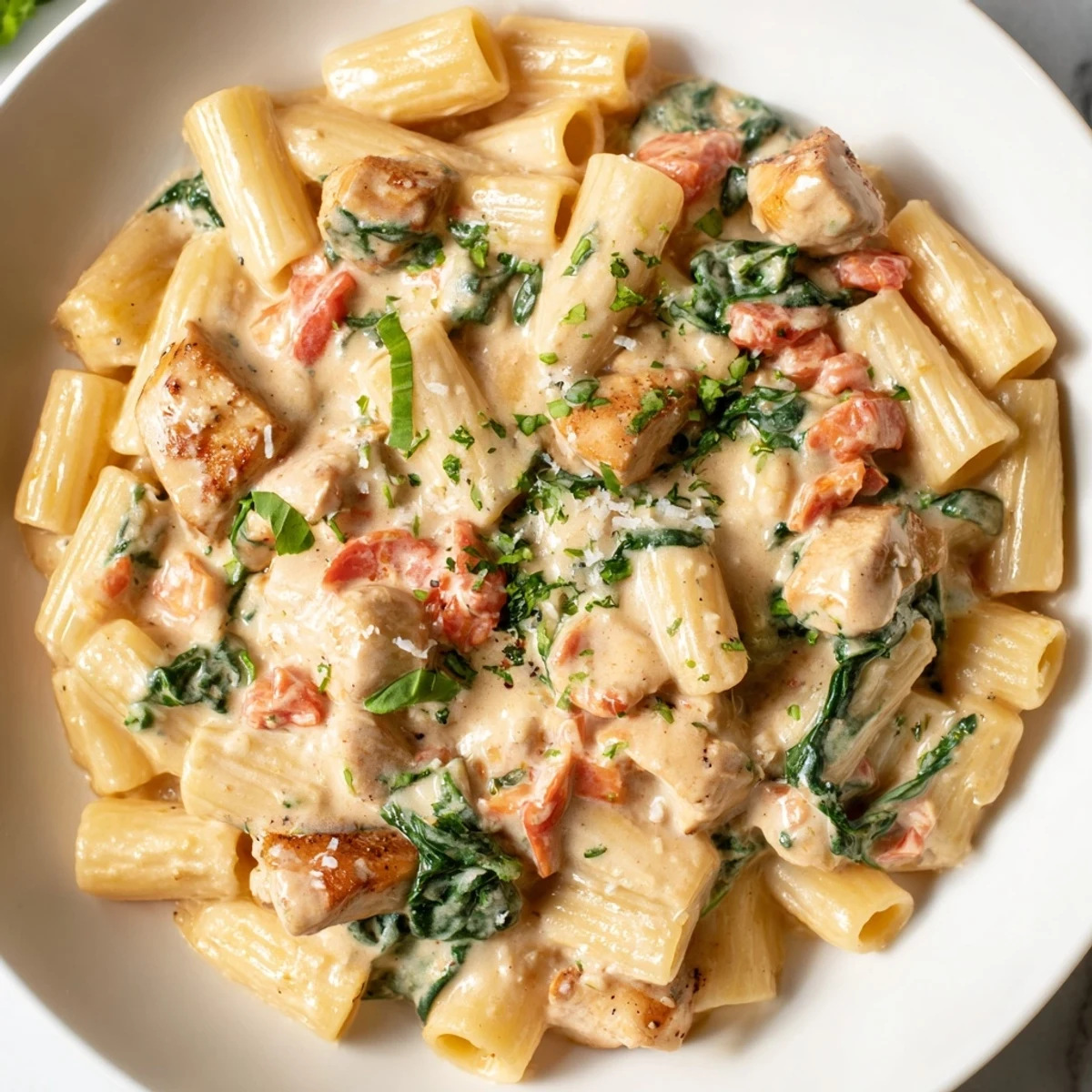A satisfying bowl of Budget-Friendly Marry Me Chicken Pasta, featuring pasta coated in a rich, creamy sauce.