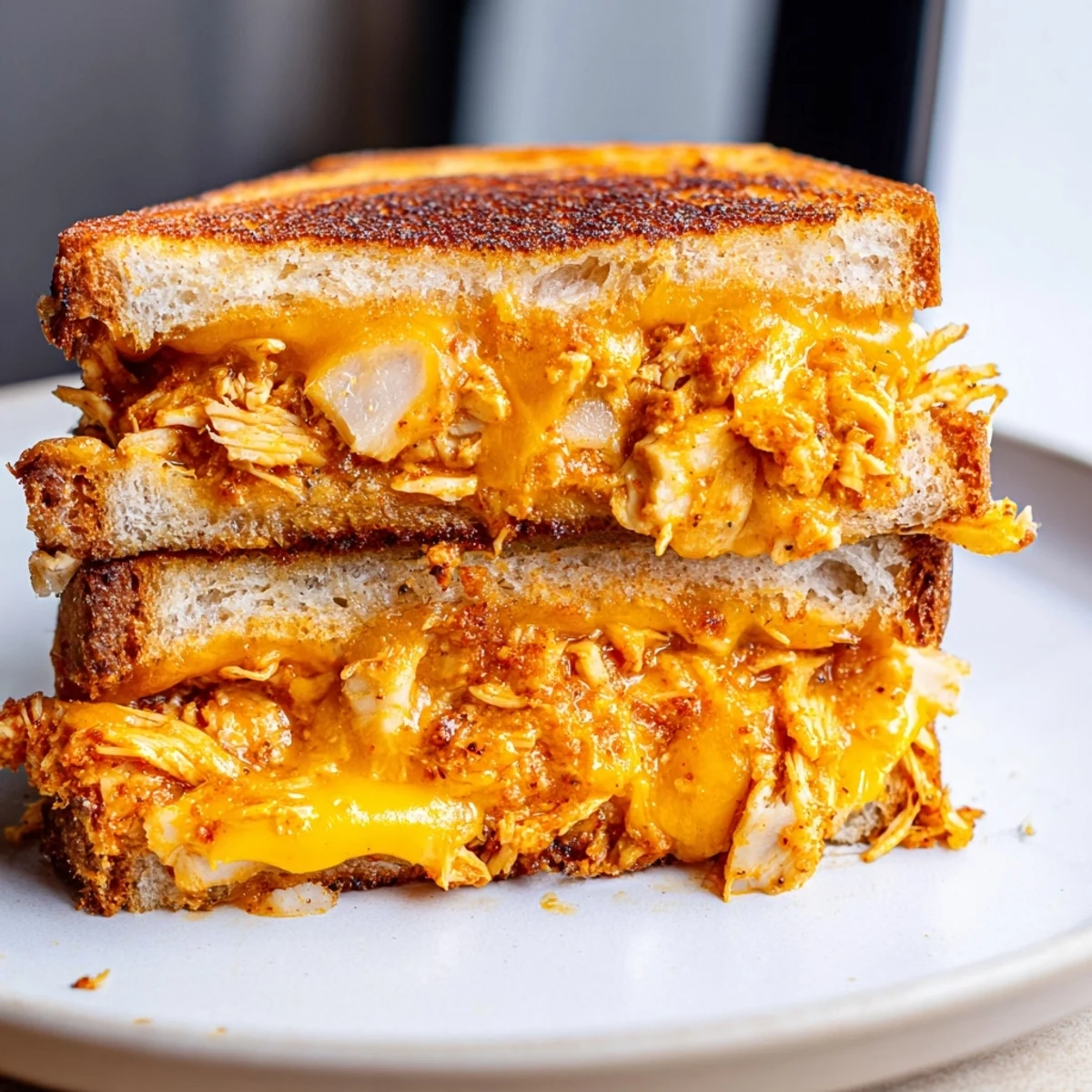 A delightful close-up of a perfectly grilled Spicy Crispy Chicken Sandwich Grilled Cheese, ready to be devoured.