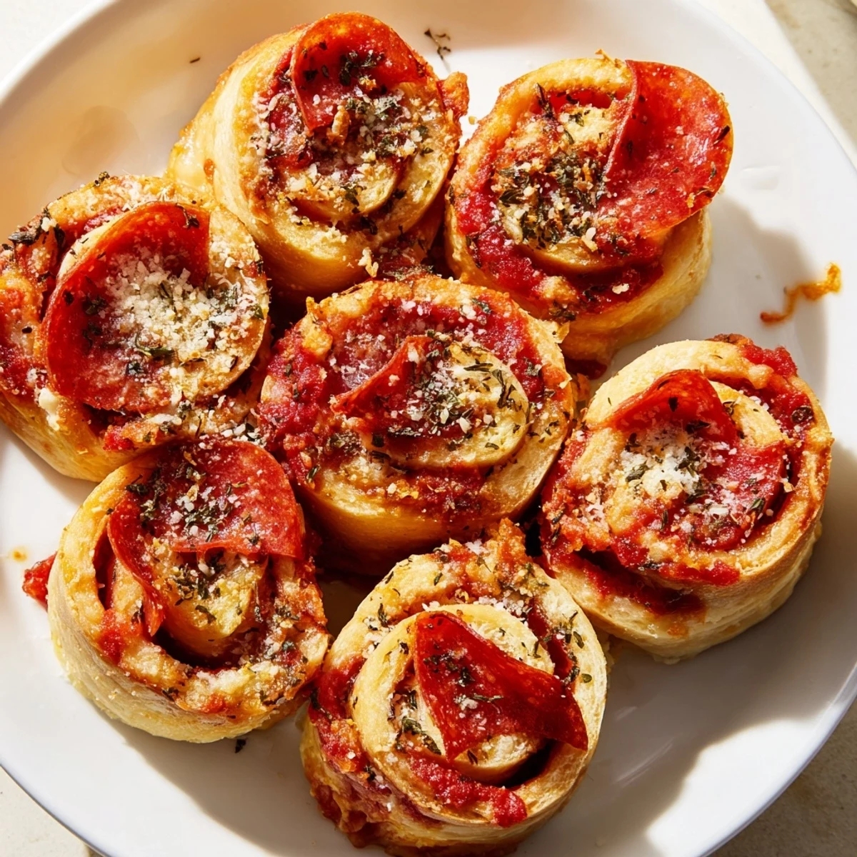 A close-up of sizzling air fryer pizza rolls with bubbly cheese and pepperoni.