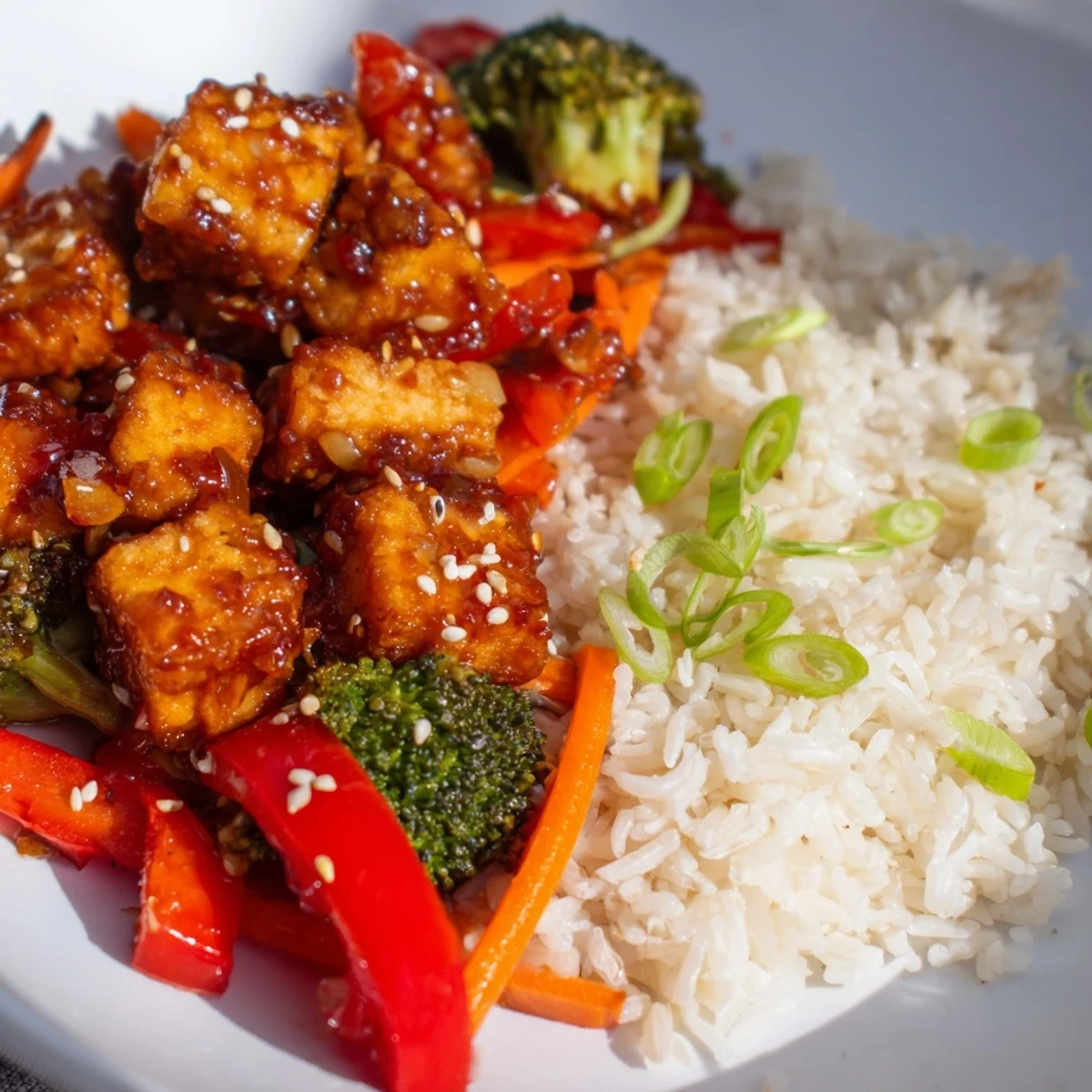 Golden, crispy Honey Garlic Tofu Bowls, with vibrant veggies, glistening in a sweet, savory sauce over rice.