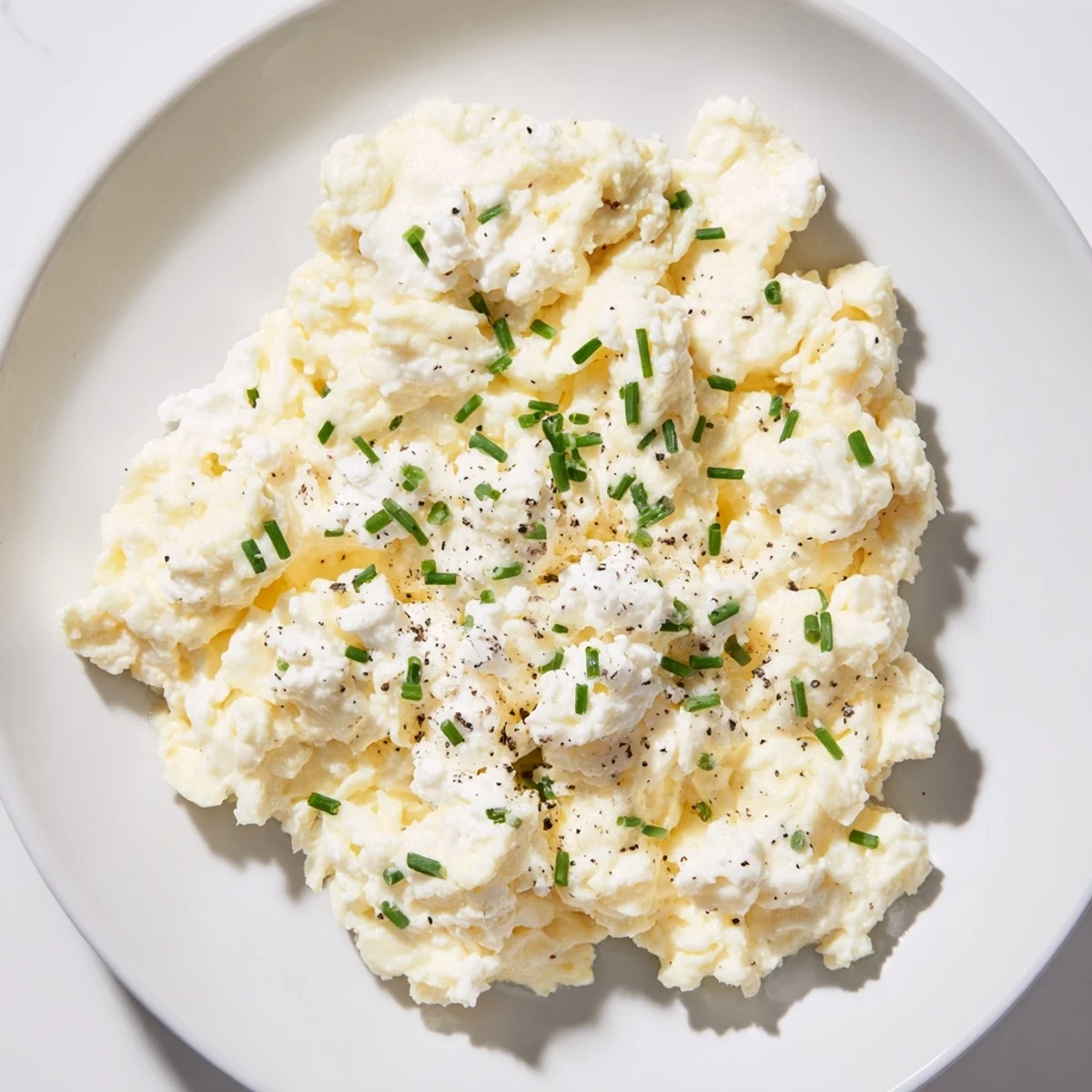 Creamy Cottage Cheese Scrambled Eggs are perfectly cooked, with fresh chives, for a protein boost.
