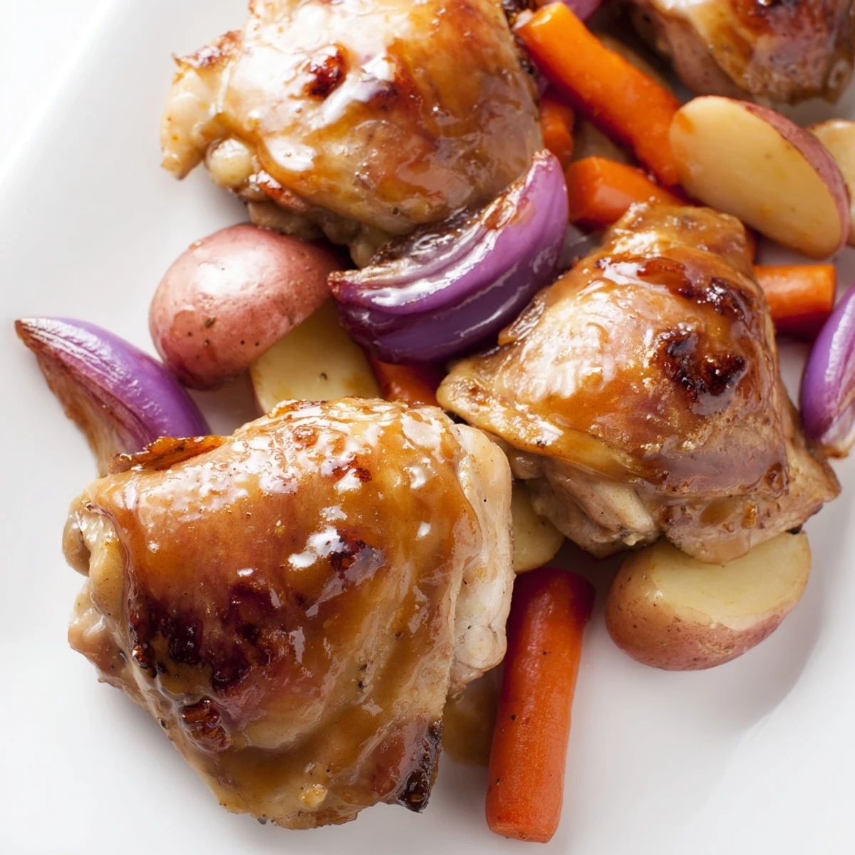 Golden-brown Maple Dijon Chicken Thighs with roasted vegetables, ready for a delicious, easy dinner.