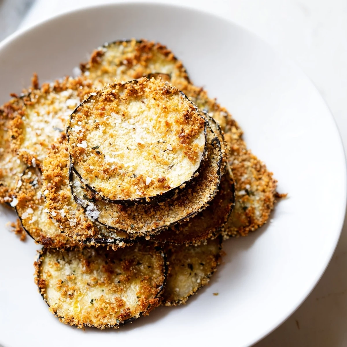 Crispy Eggplant Parmesan Chips fresh from the oven, offering a delightful crunch and Italian herb aromas.
