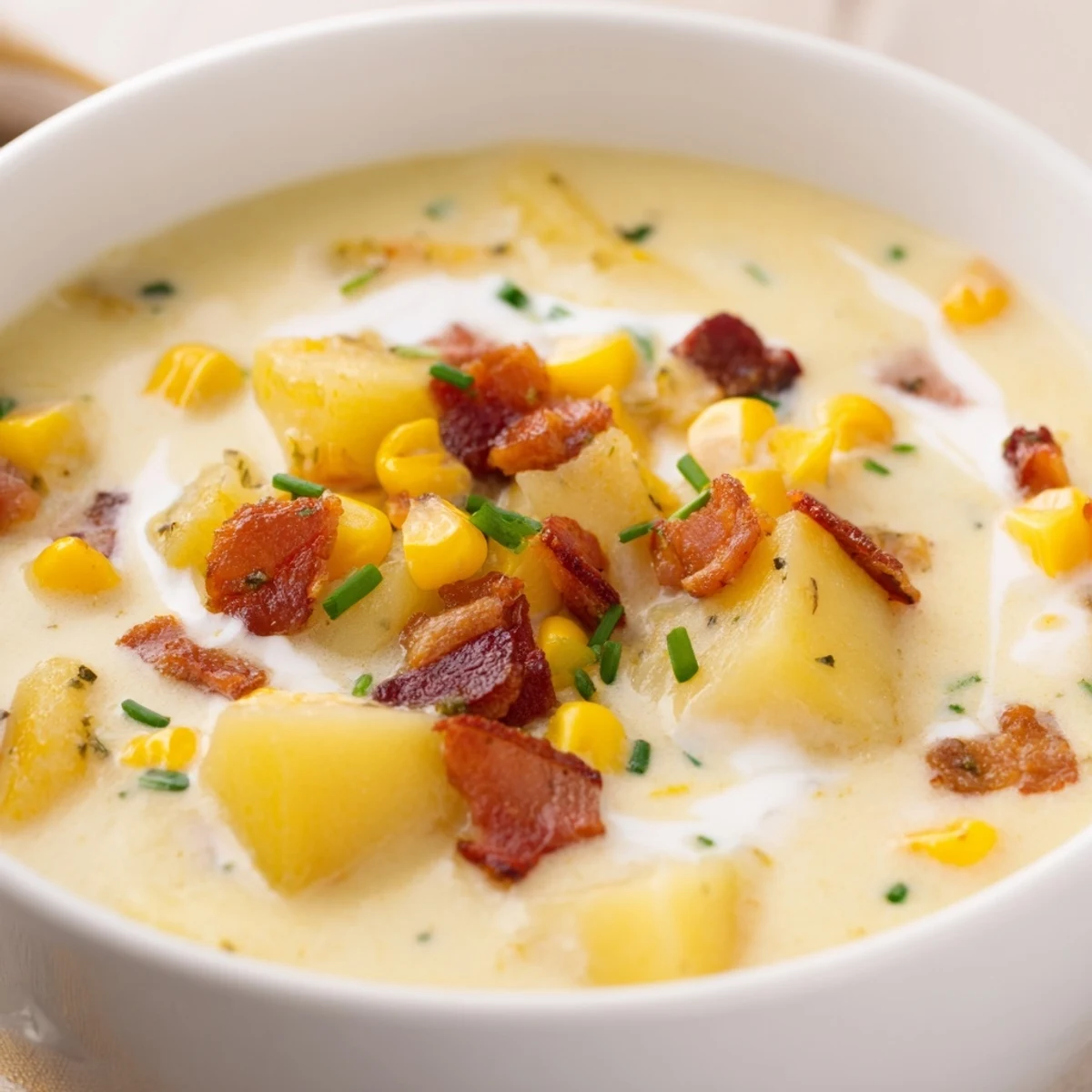 A warm bowl of creamy corn chowder garnished with crispy bacon and fresh chives.