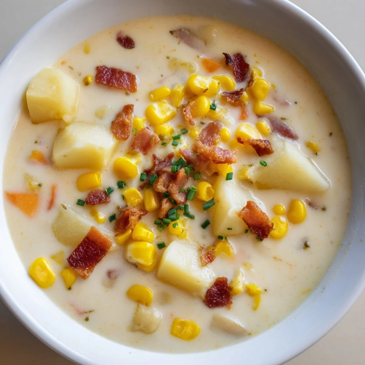 Close-up of golden corn chowder boasting tender potatoes and smoky bacon bits, ready to eat.