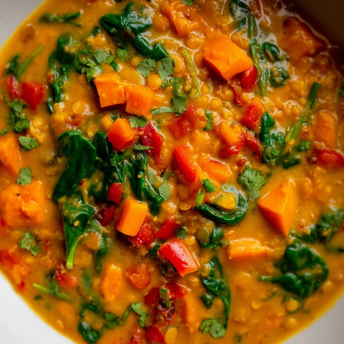 Enjoy a rich and vibrant bowl of Lentil Red Curry Soup with bright green cilantro and a squeeze of lime.