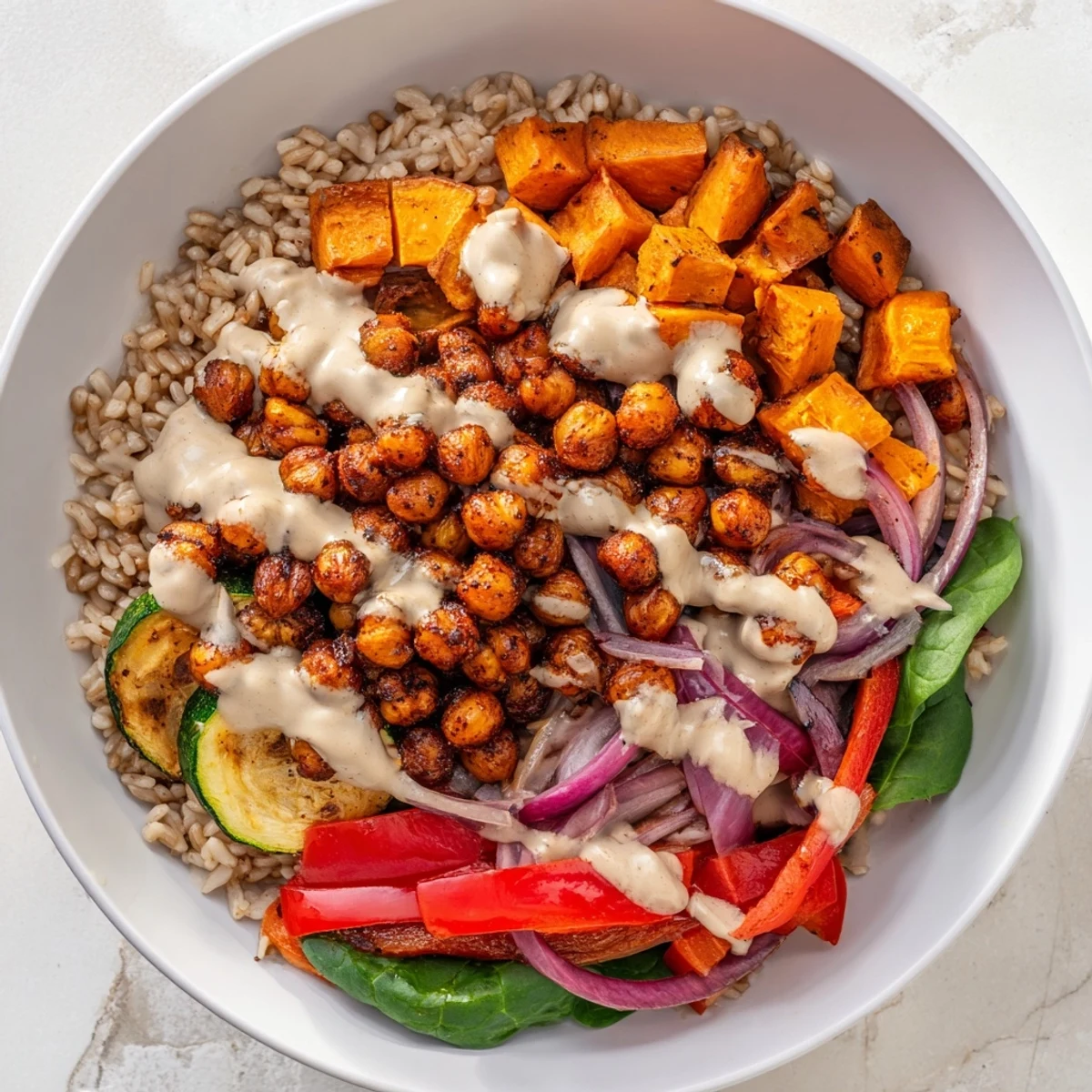 Golden, crispy roasted chickpeas atop a colorful Roasted Chickpea Buddha Bowl, perfect for a healthy dinner.