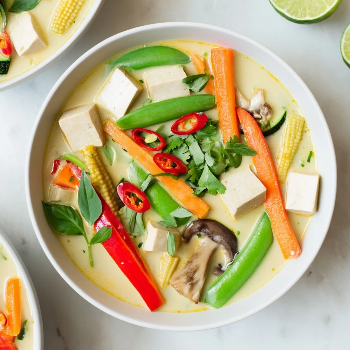 Steaming Thai Green Curry Coconut Soup, brimming with colorful vegetables and tender tofu for a delightful meal.