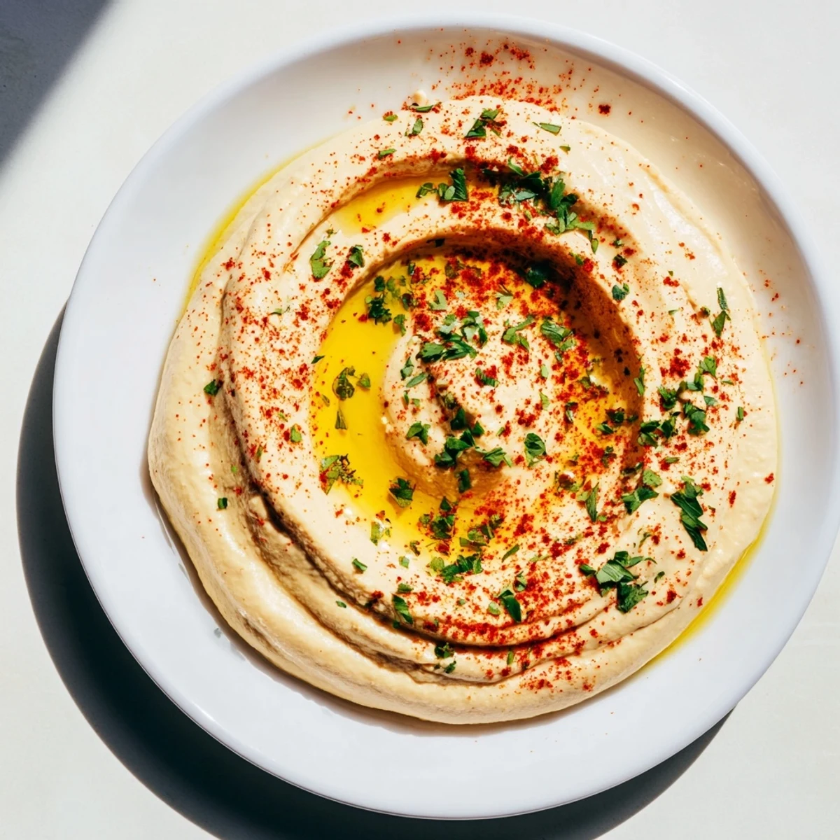 A vibrant Levantine hummus plate with sprinkled paprika, ready to enjoy as a flavorful appetizer.
