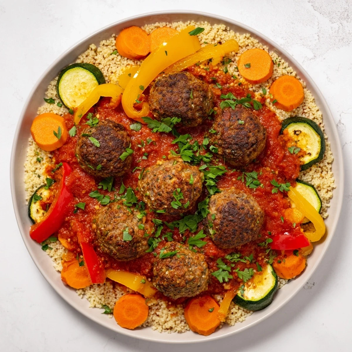 Fragrant North African Couscous Kefta dish, meatballs and savory sauce served over fluffy couscous.