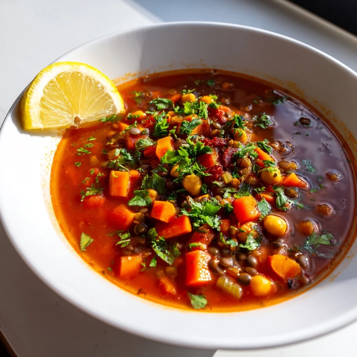 Aromatic North African Harira Soup with tender lentils, chickpeas, and a bright splash of lemon juice.