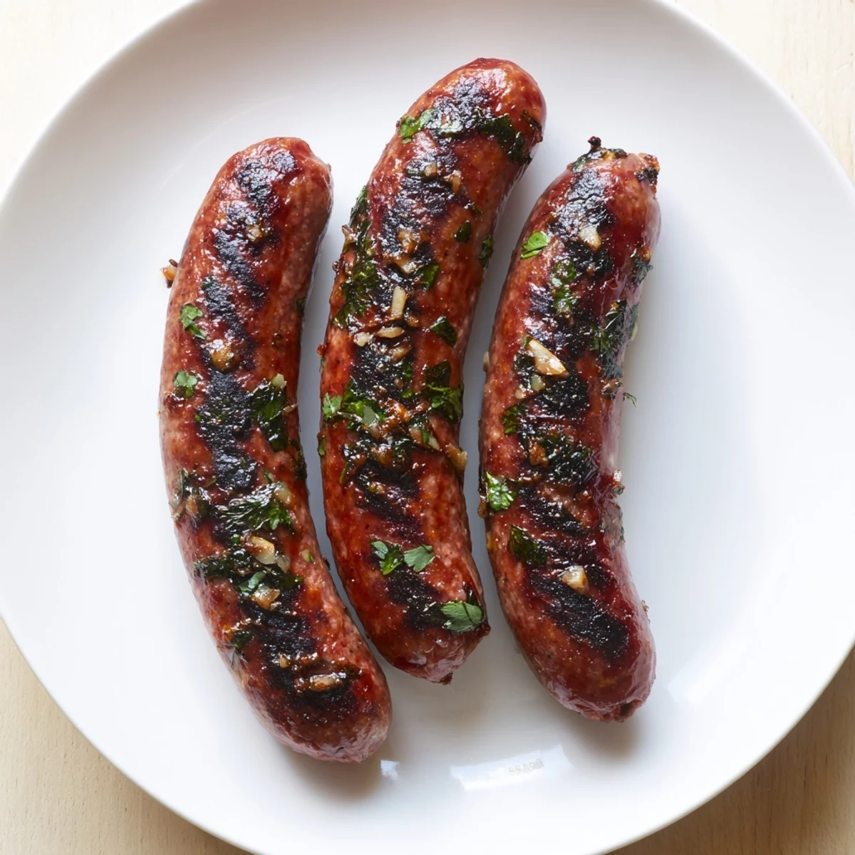 Grilled Tunisian Merguez sausage, browned and sizzling, offers savory flavors and aromatic spices.