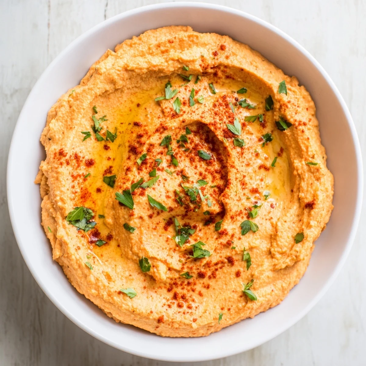 Bright red roasted red pepper hummus, smooth in texture, ideal for dipping pita bread.