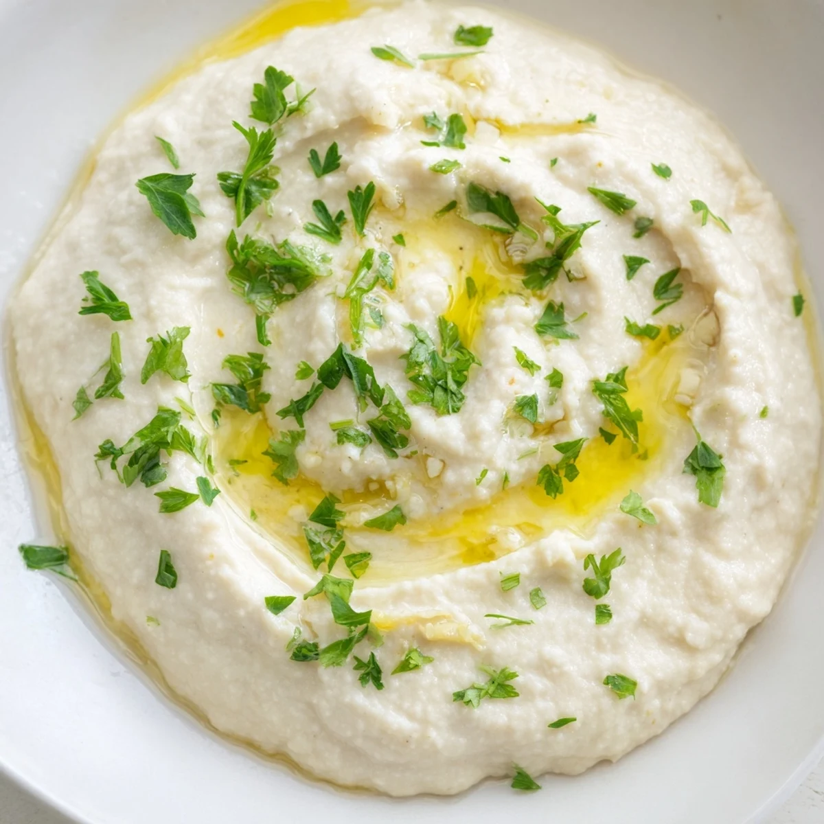 Creamy White Bean Dip, swirled with olive oil, ready to be scooped with pita chips for a snack.