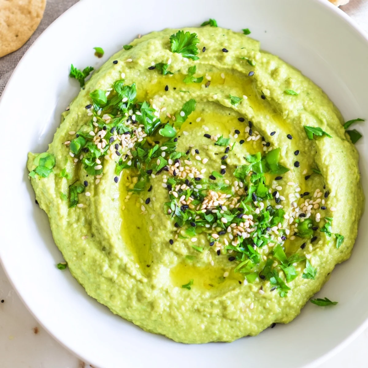 Creamy Edamame Hummus, a vibrant green dip, drizzled with olive oil and sprinkled with sesame seeds.