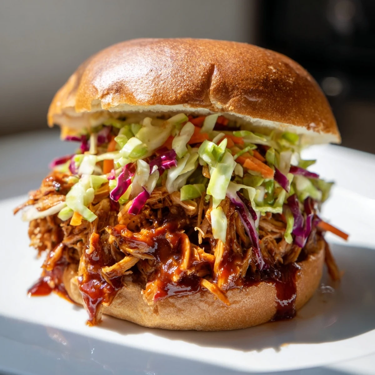 Golden-brown pulled barbecue chicken glistens with sauce, piled high on a toasted brioche bun and topped with creamy, crunchy slaw.