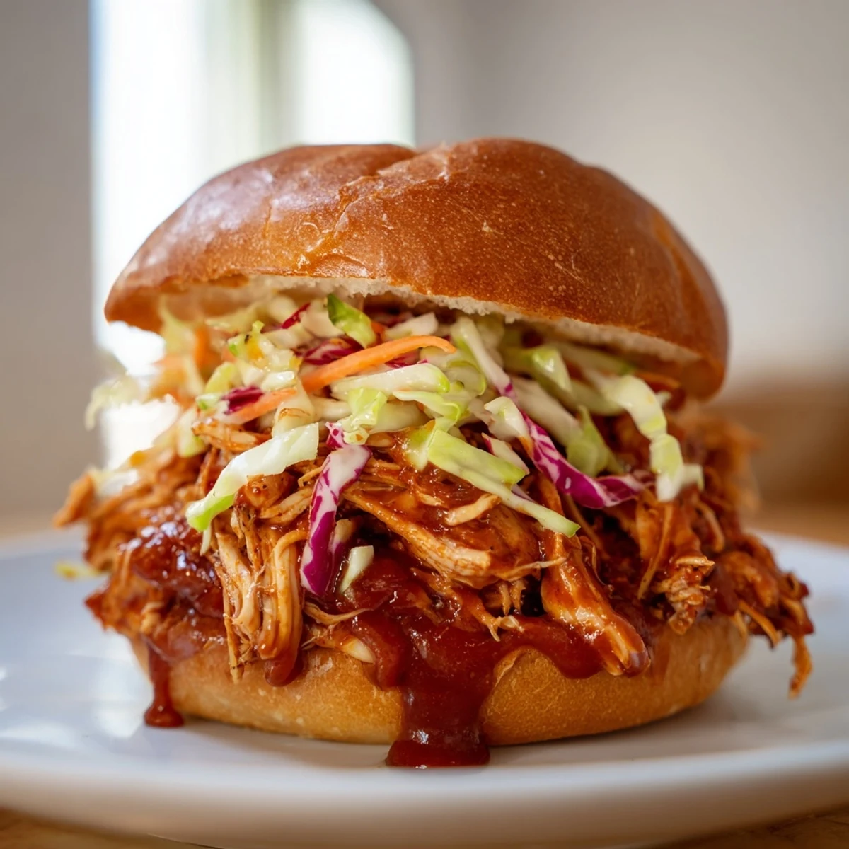 A close-up shot shows tender shredded chicken in rich barbecue glaze nestled on a soft bun beside a colorful, vinegar-based slaw.