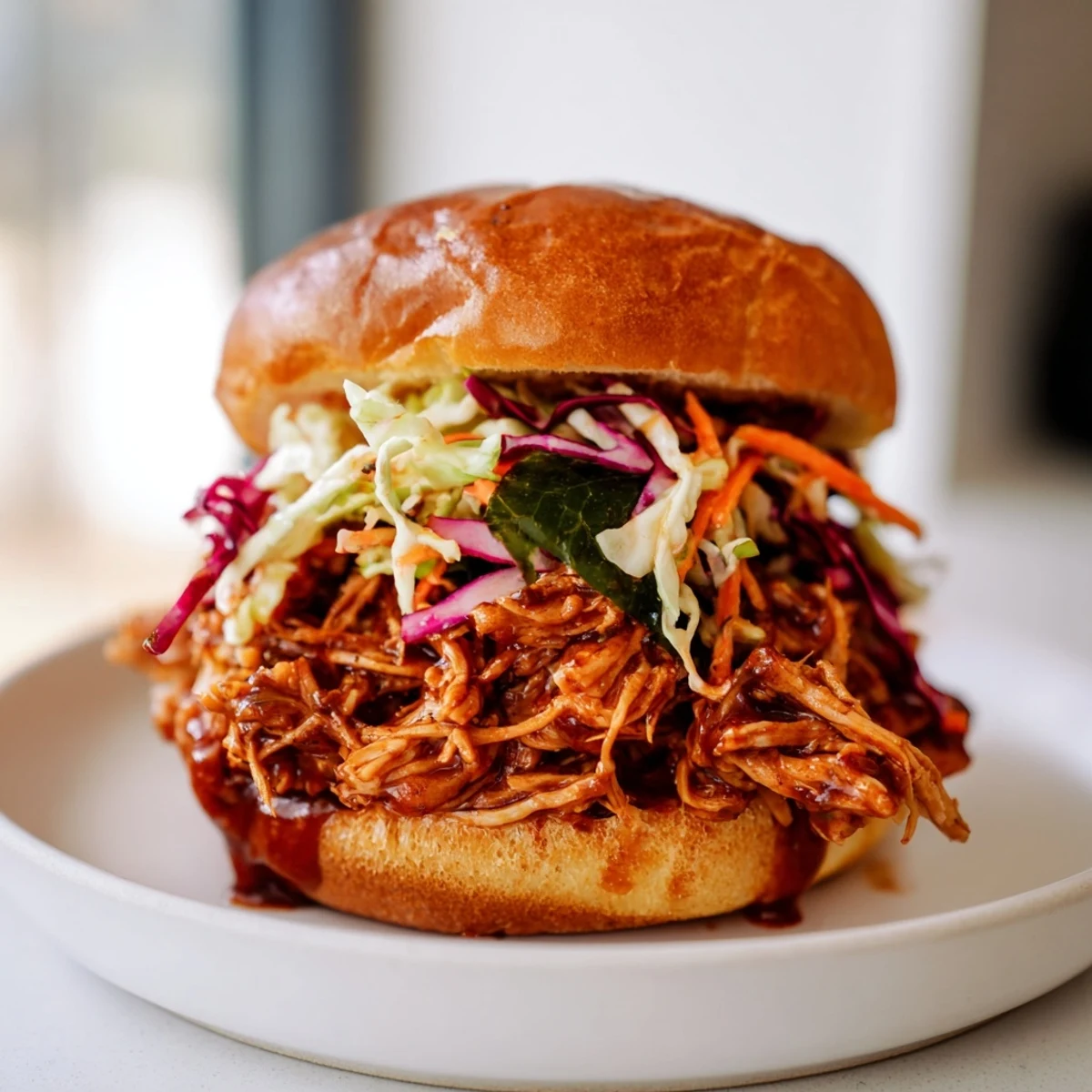 Savory pulled chicken sandwich features juicy meat, tangy slaw, and buttery brioche, ready to be served for an easy weeknight dinner.