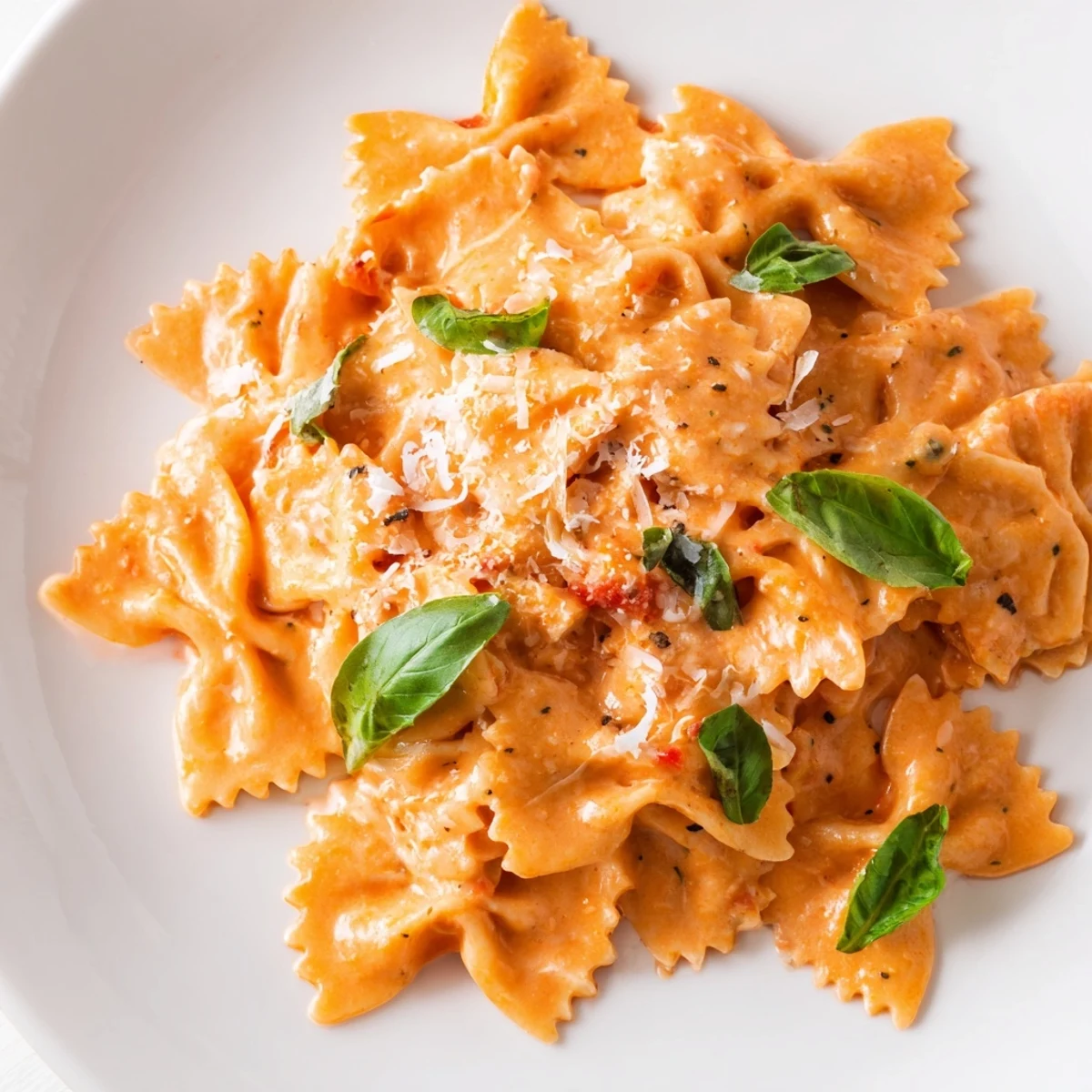 Creamy tomato basil bowtie pasta in a white bowl garnished with fresh basil and grated Parmesan, ready to serve.  