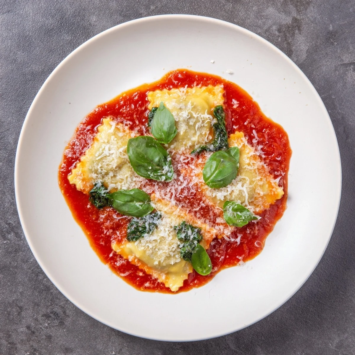 A close-up of golden spinach ricotta ravioli on a plate, topped with Parmesan and basil.  