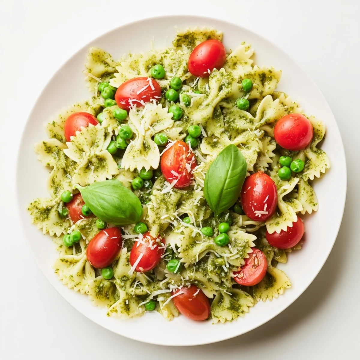 Green Pesto Pasta Salad tossed with fresh basil leaves and grated Parmesan, perfect for a refreshing lunch or potluck.  