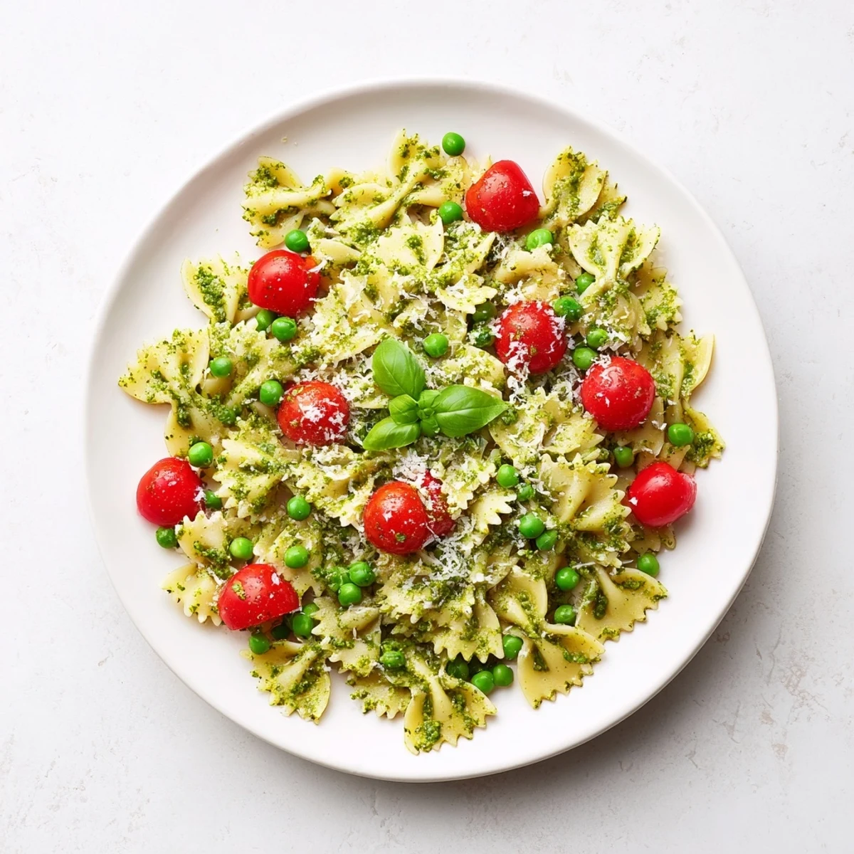 Close-up of Green Pesto Pasta Salad with tender pasta, bright peas, and cherry tomatoes drizzled with olive oil.