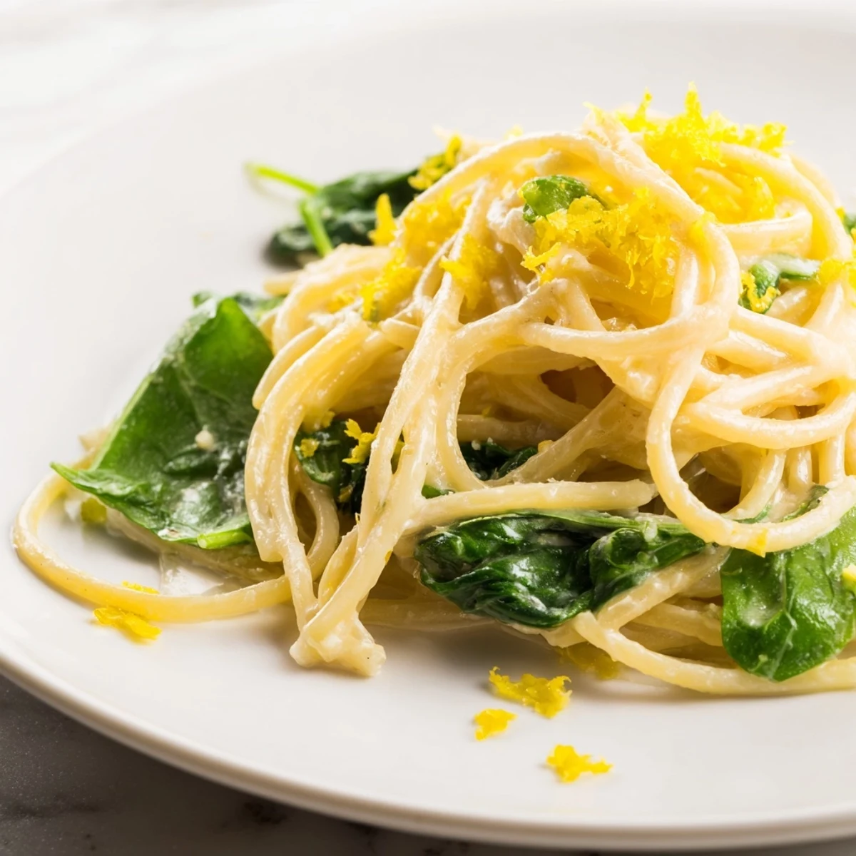 A close-up of creamy lemon spinach spaghetti twirled on a fork, glistening with fresh lemon zest and Parmesan, ready for dinner.