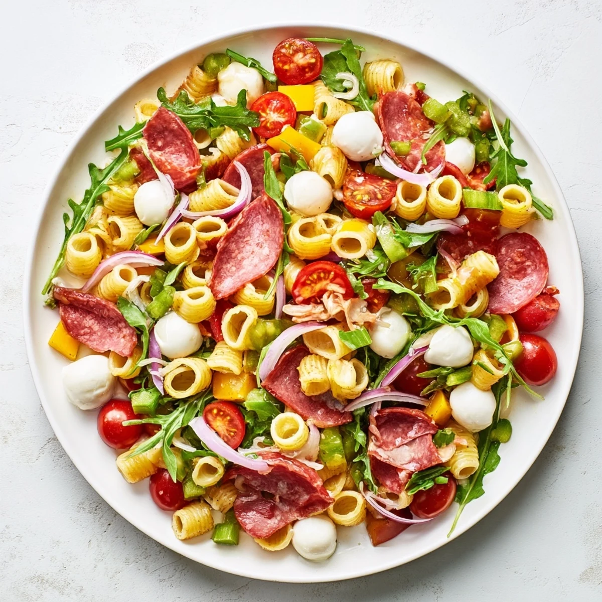 Vibrant Spring Antipasto Pasta Salad with chewy ditalini, salty salami, creamy mozzarella pearls, and crunchy pickled vegetables drizzled with lemony dressing.