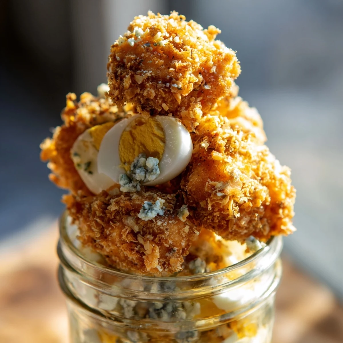 A top-down view of a mason jar layered with Crispy Chicken Cobb Salad, showing golden baked chicken, crisp romaine, and a creamy dressing.
