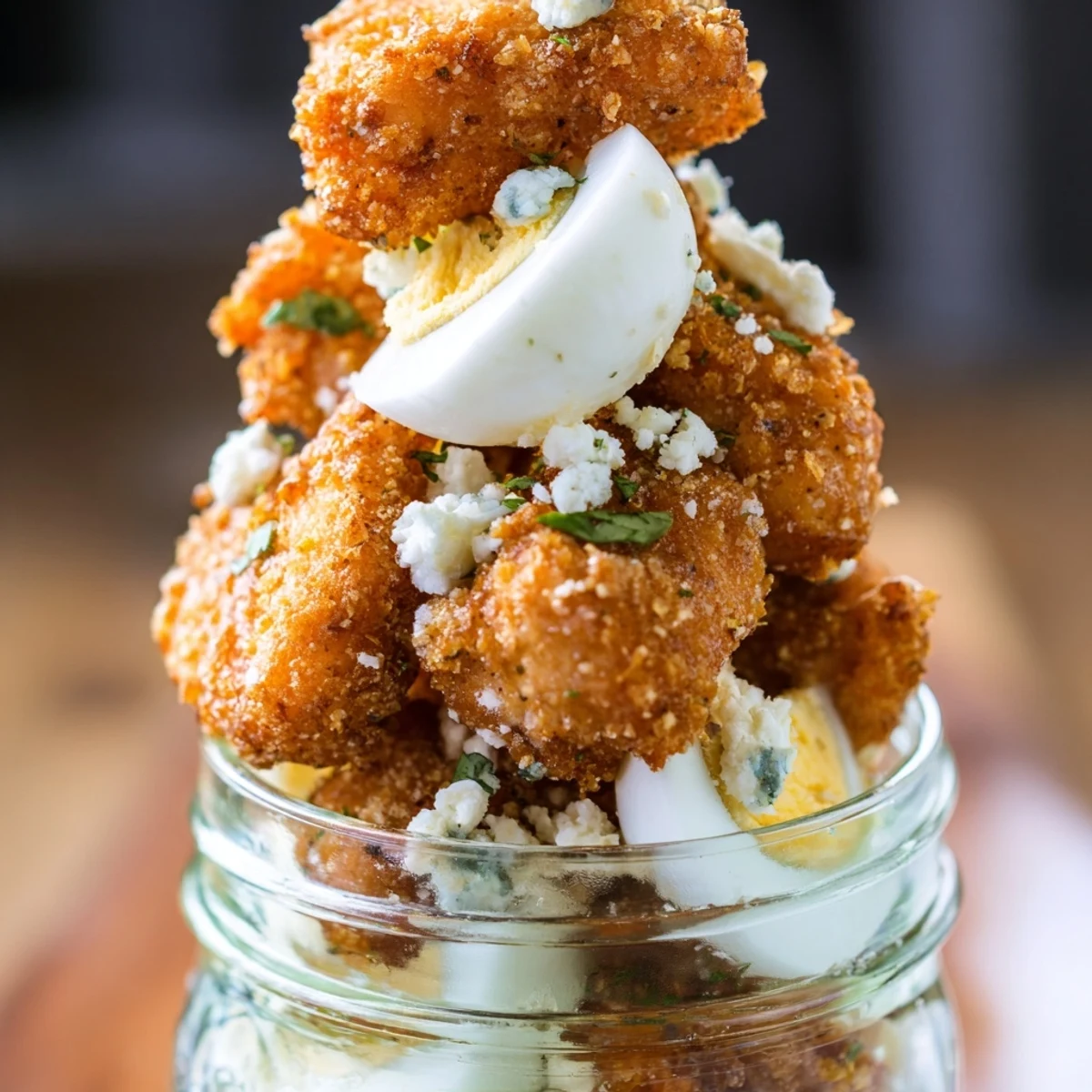 The Crispy Chicken Cobb Jar Salad features colorful layers of bacon, hard-boiled egg, cherry tomatoes, and blue cheese in a glass jar.
