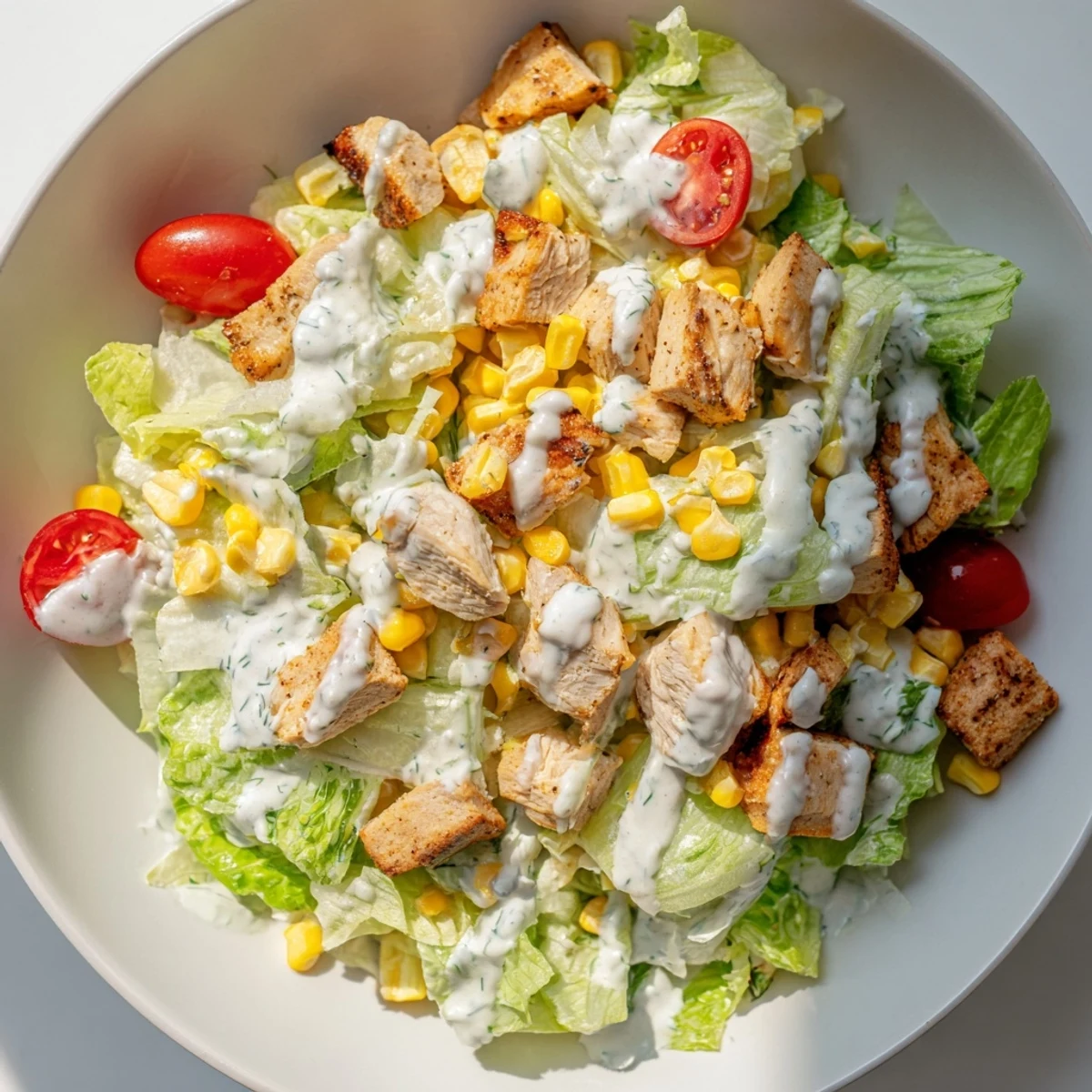 A vibrant Ranch Chicken Chopped Salad in a white bowl, featuring crisp romaine, juicy tomatoes, and golden corn kernels.