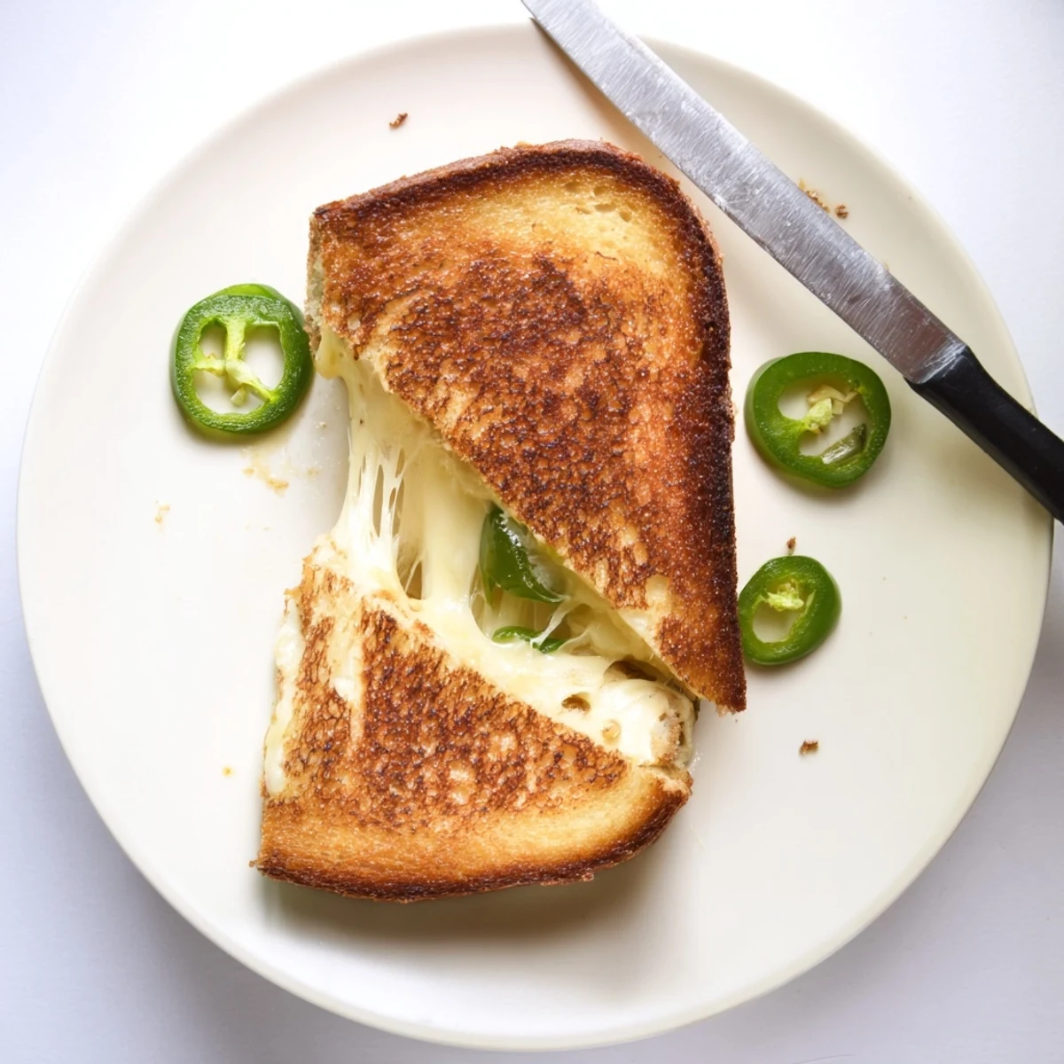 Two halves of a toasted Jalapeño Havarti Grilled Cheese reveal gooey Havarti and fresh jalapeños, served beside a bowl of red tomato soup.