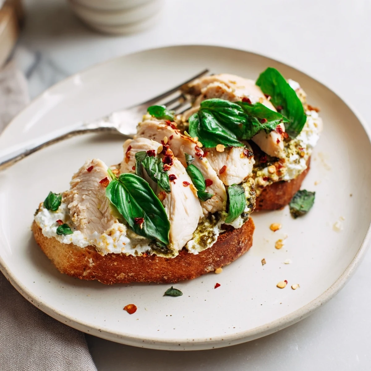 Golden, crispy sourdough toast layered with zesty basil pesto, tender sliced chicken, and creamy torn burrata, garnished with fresh basil leaves for an Italian-inspired bite.