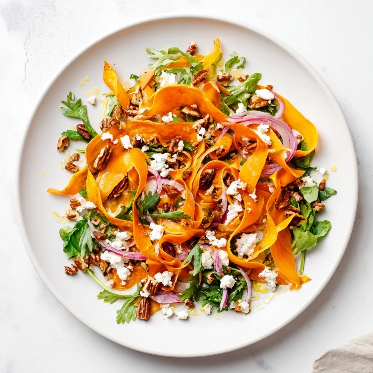 Roasted Carrot Ribbon Salad features tender, caramelized carrot ribbons over mixed greens with a honey-mustard vinaigrette.  