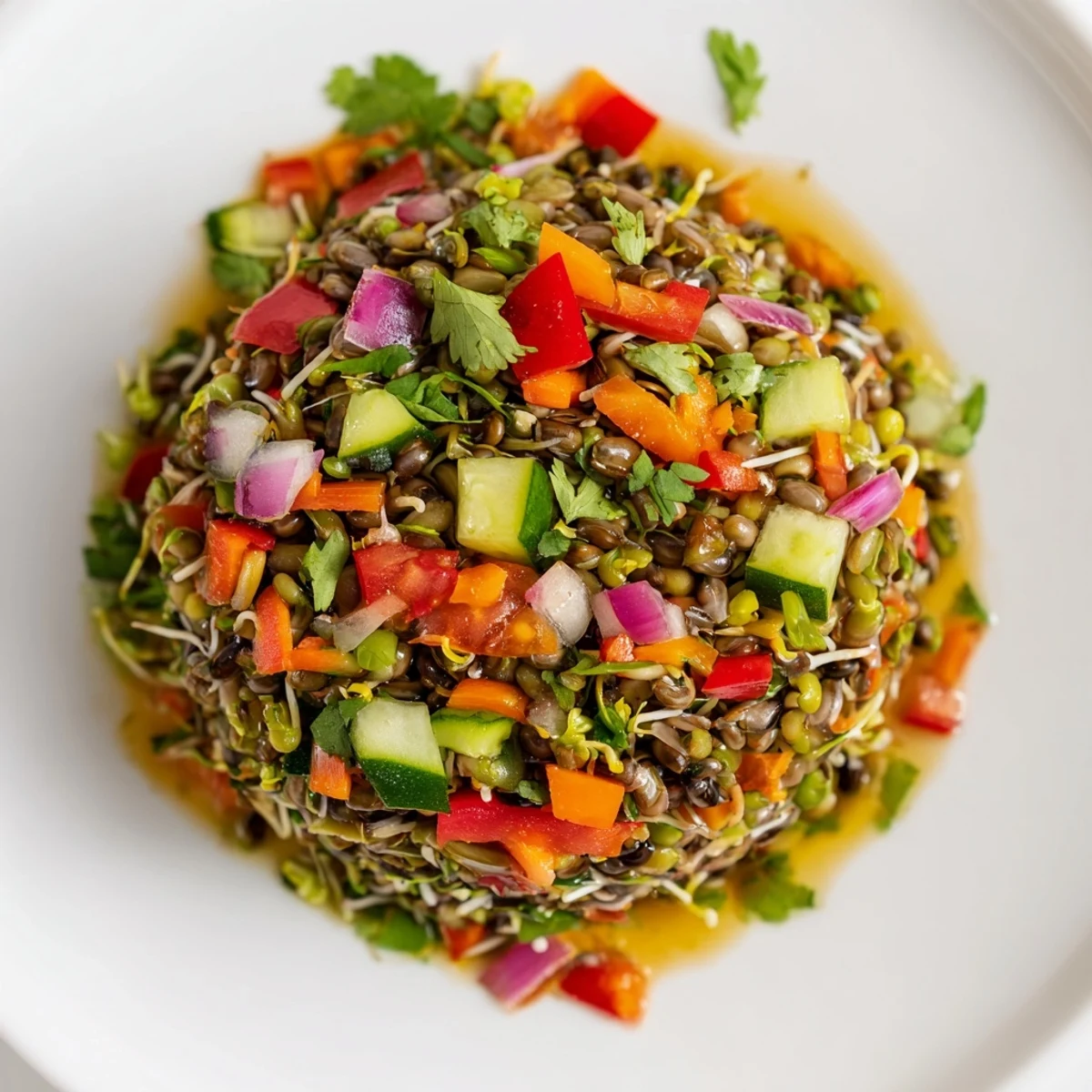 A close-up of a Sprouted Seed Salad with colorful diced cucumbers, tomatoes, and bell peppers mixed with fresh sprouts, drenched in a light lemon-olive oil dressing.