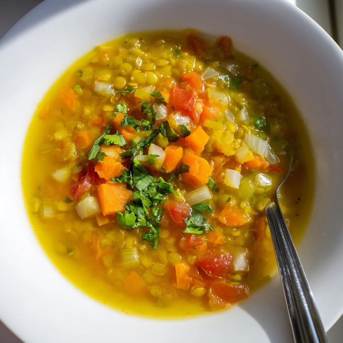 A warm bowl of homemade mung bean soup, garnished with fresh cilantro and a squeeze of lemon for bright flavor.  