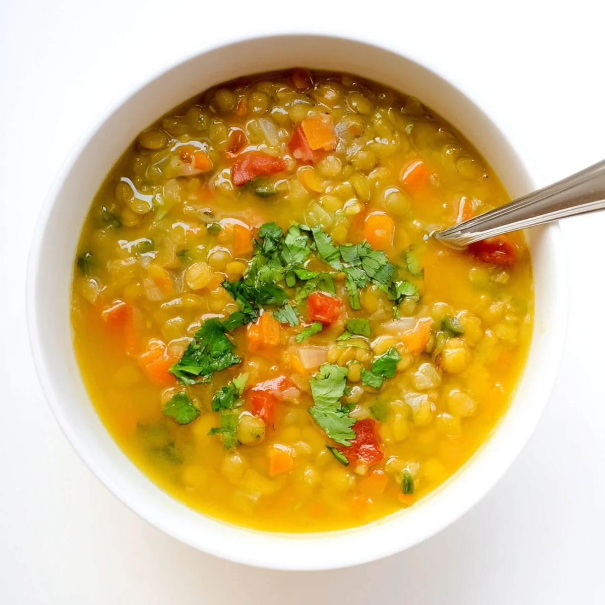 Vegan mung bean soup in a rustic bowl, featuring tender beans and vibrant diced carrots.
