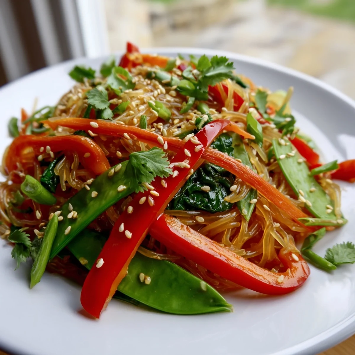 Healthy Kelp Noodle Stir-Fry topped with toasted sesame seeds and fresh cilantro for a light vegan meal.