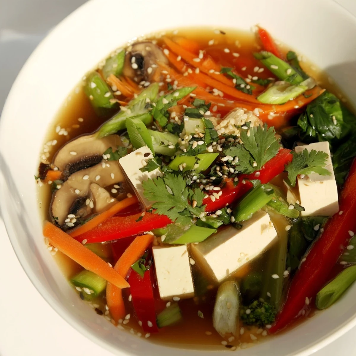 Silken tofu cubes and vibrant vegetables simmer in a light, aromatic broth for Tofu and Vegetable Soup, garnished with fresh cilantro.  