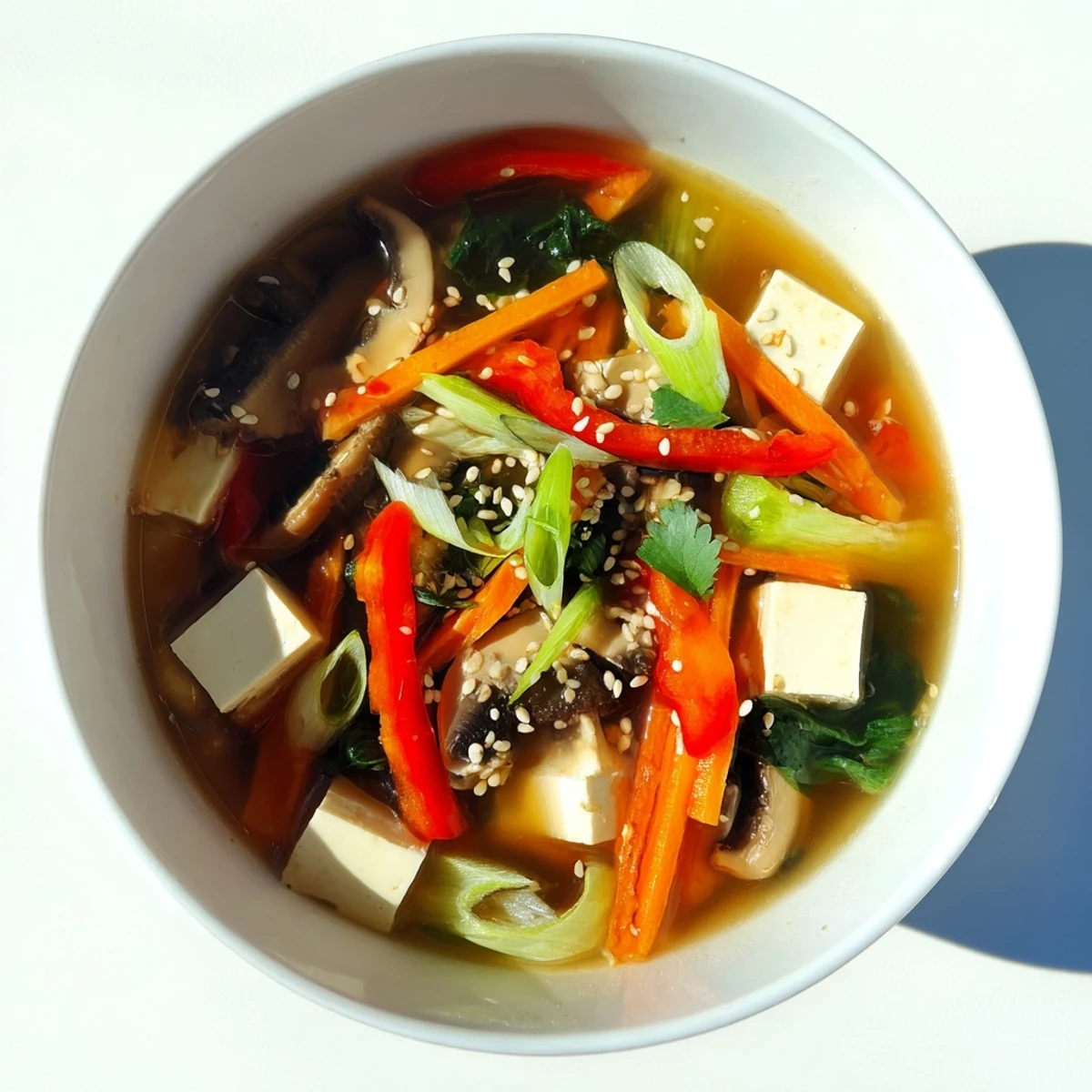 This comforting Tofu and Vegetable Soup features tender bok choy, shiitake mushrooms, and carrots in a steaming, savory vegan broth.  