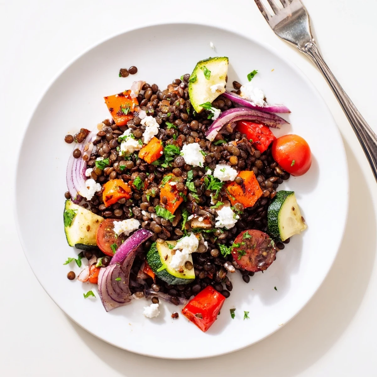 Hearty Black Lentil Salad with Roasted Vegetables is served warm, tossed with fresh parsley and crumbled feta on a rustic platter.