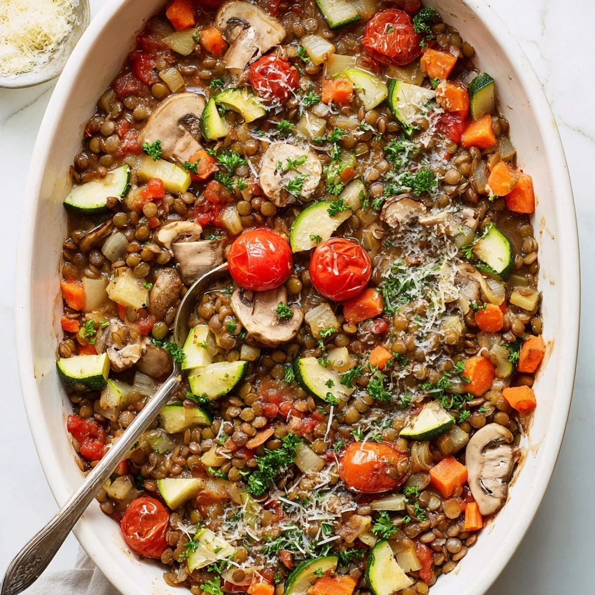 Green Lentil and Vegetable Casserole baked in a rustic dish, featuring a colorful mix of carrots, peppers, and zucchini.