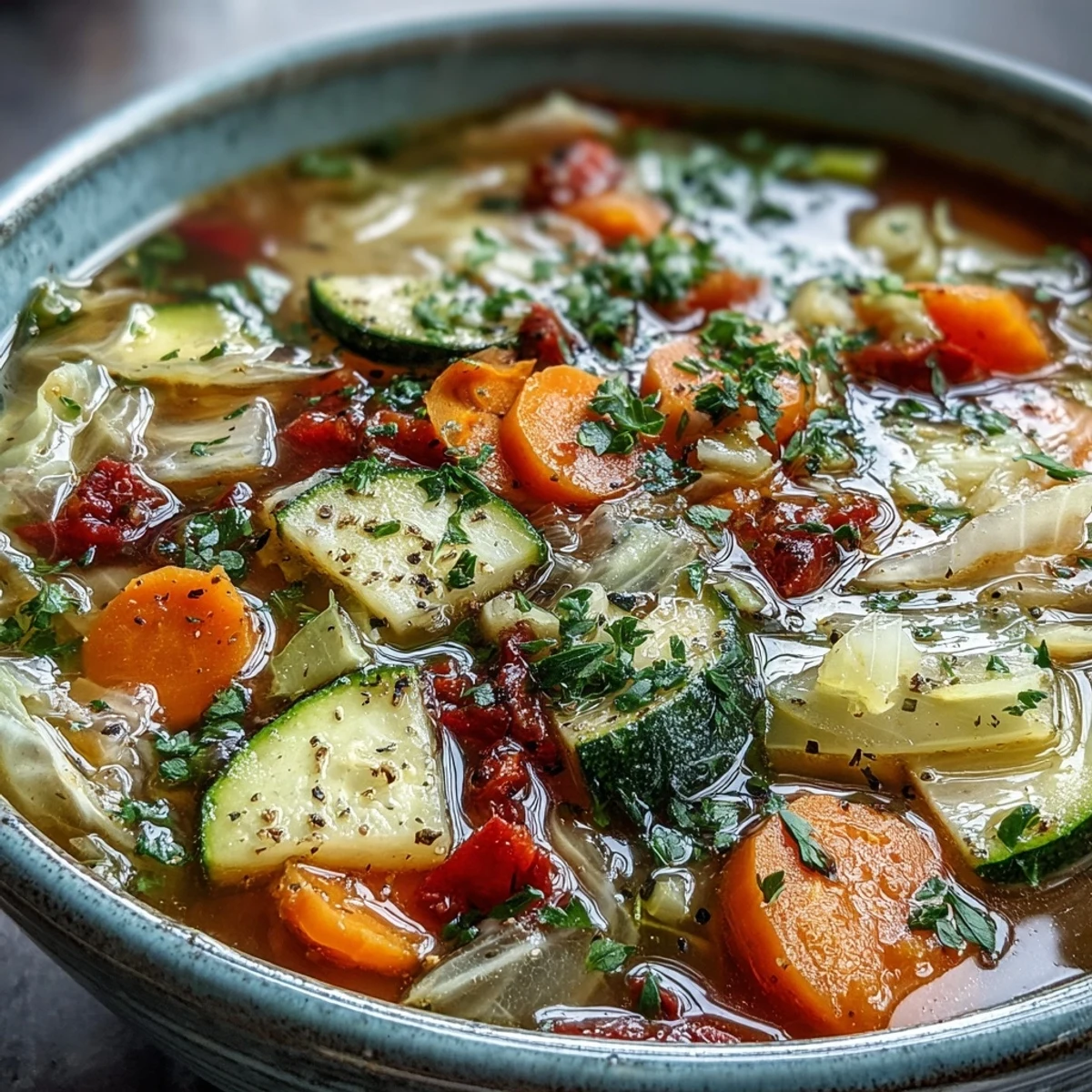 Bright orange carrots and green cabbage simmer in a hearty vegetable broth, garnished with fresh parsley. Perfect for a light, healthy meal. Cabbage Soup.