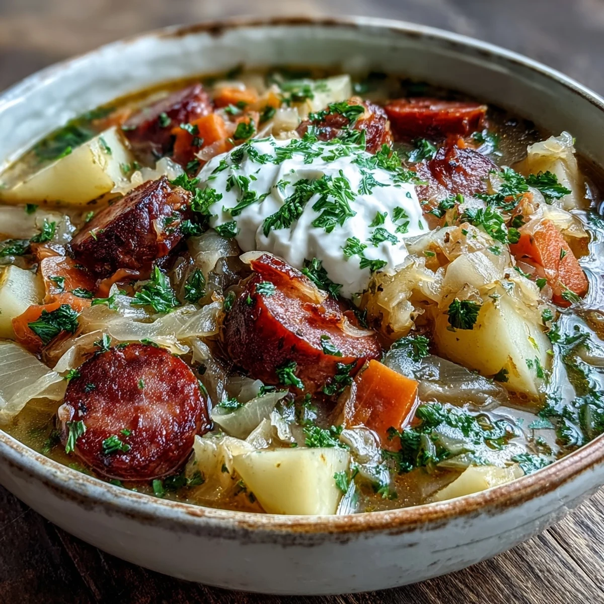 Creamy sour cream melting into a steaming bowl of tangy Sauerkraut Soup, topped with fresh parsley.