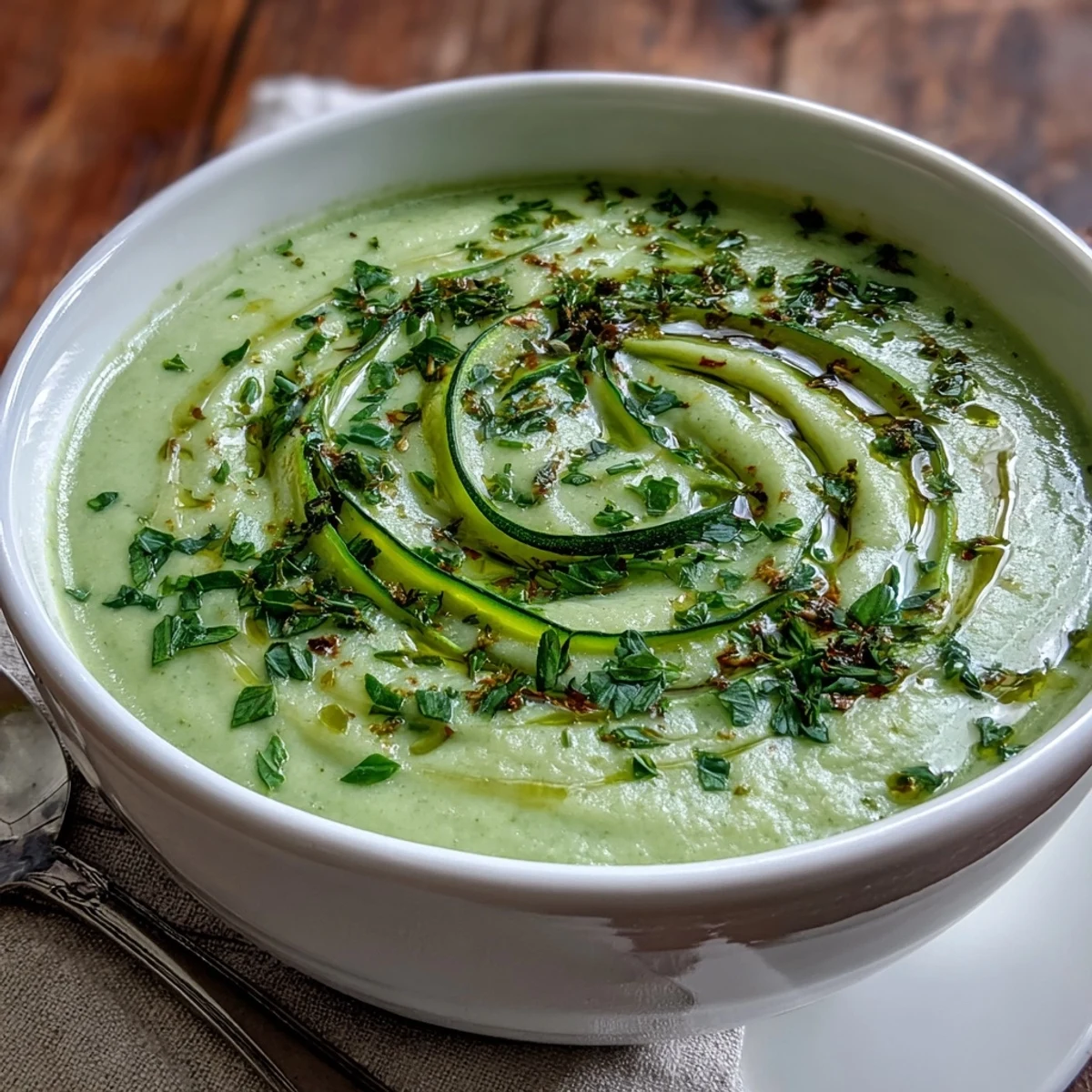 Creamy homemade Zucchini Soup in a rustic bowl, garnished with fresh herbs and a swirl of cream, ready to enjoy.